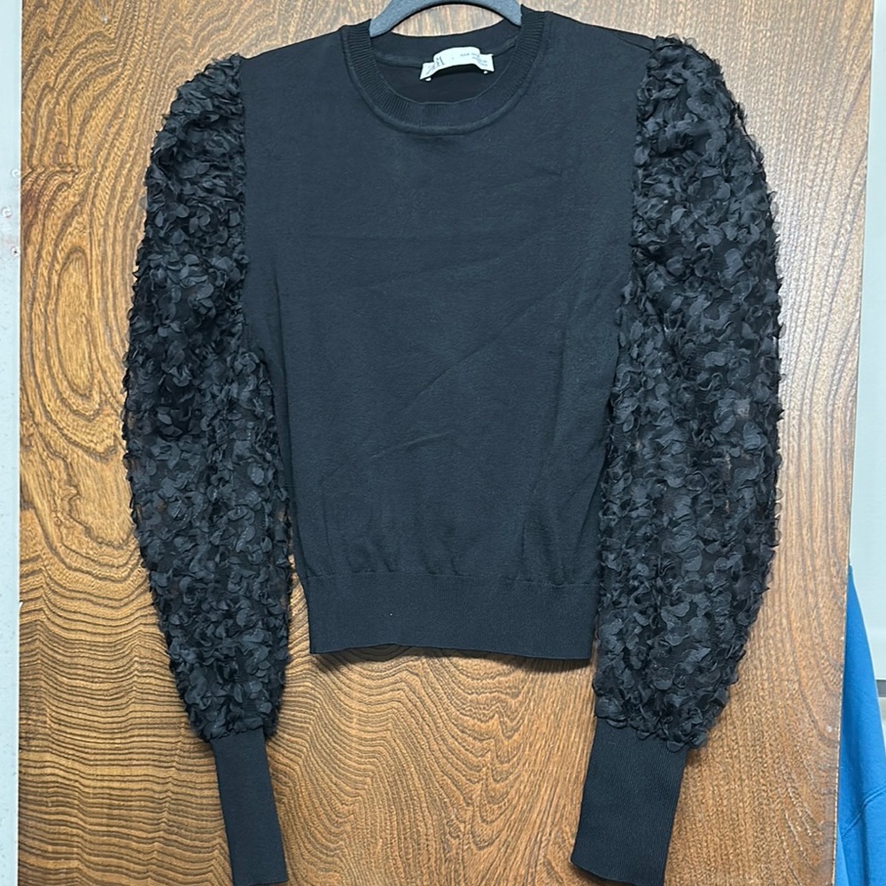Zara Black Sweater with Textured Sleeves